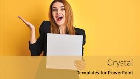  Presentation with clear - Beautiful PPT theme featuring young-redhead-businesswoman-with-clear backdrop and a yellow colored foreground
