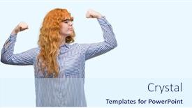  Presentation with bussines - Audience pleasing slide deck consisting of young redhead bussines woman showing arms muscles smiling proud fitness concept backdrop and a sky blue colored foreground