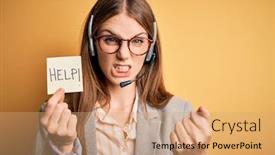  Presentation with call center - PPT layouts with young-redhead-call-center-agent background and a coral colored foreground