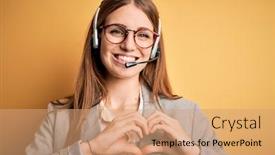  Presentation with call center - PPT layouts having young-redhead-call-center-agent background and a coral colored foreground