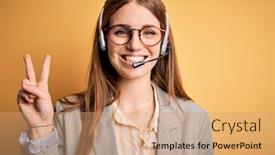  Presentation with overworked - Amazing presentation theme having young-redhead-call-center-agent backdrop and a coral colored foreground