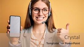  Presentation with call center - Cool new slides with young-redhead-call-center-agent backdrop and a coral colored foreground