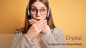  Presentation with secret agent - Audience pleasing presentation consisting of young-redhead-call-center-agent backdrop and a coral colored foreground