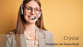  Presentation with overworked - Presentation design having young-redhead-call-center-agent background and a coral colored foreground