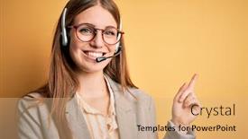  Presentation with call center - PPT layouts enhanced with young-redhead-call-center-agent background and a coral colored foreground