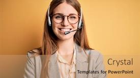  Presentation with call center - Beautiful presentation theme featuring young-redhead-call-center-agent backdrop and a coral colored foreground