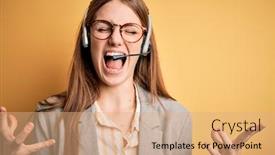  Presentation with call center - Beautiful PPT theme featuring young-redhead-call-center-agent backdrop and a coral colored foreground