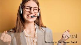  Presentation with call center - Amazing PPT theme having young-redhead-call-center-agent backdrop and a coral colored foreground