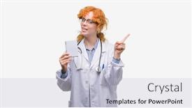  Presentation with notebook - Amazing slide set having young redhead doctor woman holding blank notebook very happy pointing with hand and finger to the side backdrop and a light blue colored foreground