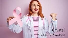  Presentation with cancer - Slides consisting of young redhead doctor woman holding cancer ribbon over pink isolated background pointing and showing with thumb up to the side with happy face smiling background and a soft green colored foreground