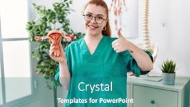  Presentation with female - Theme enhanced with young-redhead-doctor-woman-holding background and a teal colored foreground