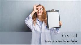  Presentation with eye doctor - Theme consisting of young redhead doctor woman over grey grunge wall showing clipboard with happy face smiling doing ok sign with hand on eye looking through fingers background and a light blue colored foreground