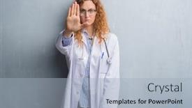  Presentation with young sing woman singing young - PPT theme enhanced with young redhead doctor woman over grey grunge wall wearing a coat doing stop sing with palm of the hand warning expression with negative and serious gesture on the face background and a light blue colored foreground