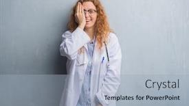  Presentation with eye doctor - Slides with young redhead doctor woman over grey grunge wall wearing a coat covering one eye with hand with confident smile on face and surprise emotion background and a light blue colored foreground