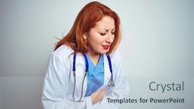  Presentation with stomach - PPT theme having young redhead doctor woman using stethoscope over white isolated background with hand on stomach because indigestion painful illness feeling unwell ache concept background and a light blue colored foreground