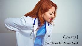 Presentation with doctor helps to get out of bed an elderly woman - Presentation having young redhead doctor woman using stethoscope over white isolated background suffering of backache touching back with hand muscular pain background and a light blue colored foreground
