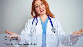  Presentation with acceptance - Slide set featuring young redhead doctor woman using stethoscope over white isolated background smiling cheerful offering hands giving assistance and acceptance background and a light blue colored foreground