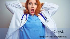  Presentation with woman hands open - Beautiful slide deck featuring young-redhead-doctor-woman-using backdrop and a teal colored foreground