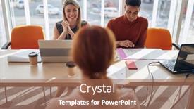  Presentation with job interview - Colorful theme enhanced with young-redhead-female-at-job backdrop and a coral colored foreground