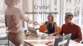  Presentation with shaking hands - Slides with young-redhead-female-with-glasses background and a soft green colored foreground