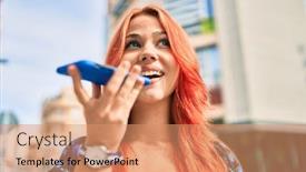  Presentation with voice - Audience pleasing PPT theme consisting of young-redhead-girl-smiling-happy backdrop and a coral colored foreground
