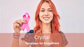  Presentation with pink ribbon - Cool new presentation theme with young-redhead-girl-smiling-happy backdrop and a coral colored foreground