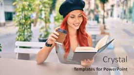  Presentation with coffee book - Colorful presentation enhanced with young-redhead-girl-wearing-french backdrop and a coral colored foreground