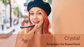  Presentation with voice - PPT theme having young-redhead-girl-wearing-french background and a coral colored foreground