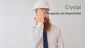  Presentation with irish - Amazing presentation having young redhead irish architect man wearing security helmet over isolated white background covering one eye with hand confident smile on face and surprise emotion backdrop and a light gray colored foreground