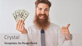 Presentation with irish - PPT theme enhanced with young redhead irish businessman holding dollars standing over isolated white background pointing and showing with thumb up to the side with happy face smiling background and a soft green colored foreground