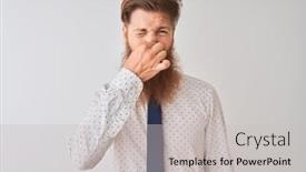  Presentation with bad breath - Amazing PPT theme having young redhead irish businessman standing over isolated white background smelling something stinky and disgusting intolerable smell holding breath with fingers on nose bad smells concept backdrop and a light gray colored foreground
