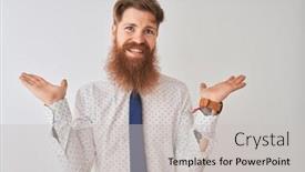  Presentation with comparison - Slide set enhanced with young redhead irish businessman standing over isolated white background smiling showing both hands open palms presenting and advertising comparison and balance background and a light gray colored foreground