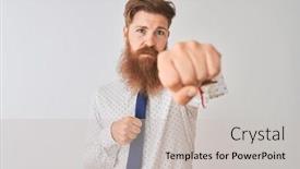  Presentation with violence - Slides featuring young redhead irish businessman standing over isolated white background punching fist to fight aggressive and angry attack threat and violence background and a light gray colored foreground