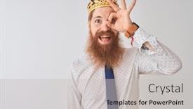  Presentation with king crown - Colorful presentation design enhanced with young redhead irish businessman wearing crown king over isolated white background doing ok gesture with hand smiling eye looking through fingers with happy face backdrop and a light gray colored foreground