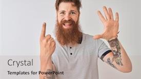  Presentation with polo - Presentation theme consisting of young redhead irish man wearing grey polo standing over isolated white background showing and pointing up with fingers number six while smiling confident and happy background and a coral colored foreground