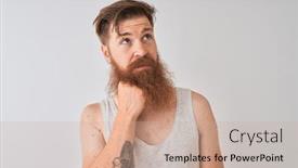  Presentation with irish - Slide set enhanced with young redhead irish man wearing t-shirt standing over isolated grey background with hand on chin thinking about question pensive expression smiling with thoughtful face doubt concept background and a coral colored foreground