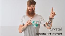  Presentation with irish - Colorful presentation theme enhanced with young redhead irish man wearing t-shirt standing over isolated white background smiling and looking at the camera pointing with two hands and fingers to the side backdrop and a light gray colored foreground