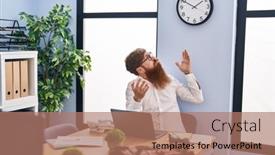  Presentation with young business man - PPT theme enhanced with young-redhead-man-business-worker background and a coral colored foreground