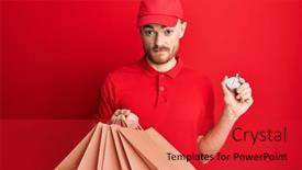  Presentation with clock countdown - Cool new slides with young-redhead-man-holding-delivery backdrop and a red colored foreground