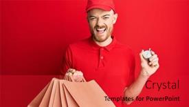  Presentation with clock countdown - Amazing slide deck having young-redhead-man-holding-delivery backdrop and a red colored foreground