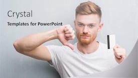  Presentation with credit card - Cool new PPT theme with young redhead man over grey grunge wall holding credit card with angry face negative sign showing dislike with thumbs down rejection concept backdrop and a light gray colored foreground
