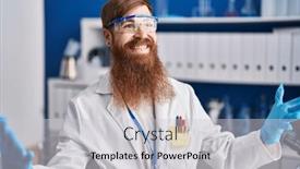  Presentation with scientist - Slide deck consisting of young-redhead-man-scientist-smiling background and a light gray colored foreground
