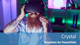  Presentation with streamer - Presentation design featuring young-redhead-man-streamer-playing background and a teal colored foreground