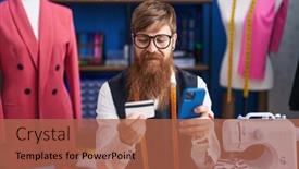  Presentation with clothing factory - Slide set having young-redhead-man-tailor-using background and a red colored foreground