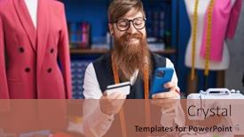  Presentation with clothing factory - Slides consisting of young-redhead-man-tailor-using background and a coral colored foreground
