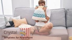  Presentation with movie - Presentation design featuring young-redhead-man-watching-movie background and a coral colored foreground