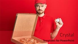  Presentation with clock countdown - Colorful presentation design enhanced with young-redhead-man-wearing-delivery backdrop and a red colored foreground