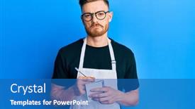  Presentation with order - PPT theme featuring young-redhead-man-wearing-waiter background and a teal colored foreground