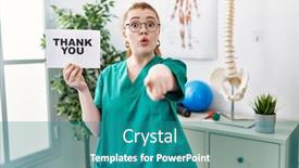  Presentation with physiotherapist - Slide deck with young-redhead-physiotherapist-woman-working background and a  colored foreground