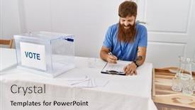  Presentation with party - Slide deck consisting of young-redhead-politic-party-worker background and a light gray colored foreground